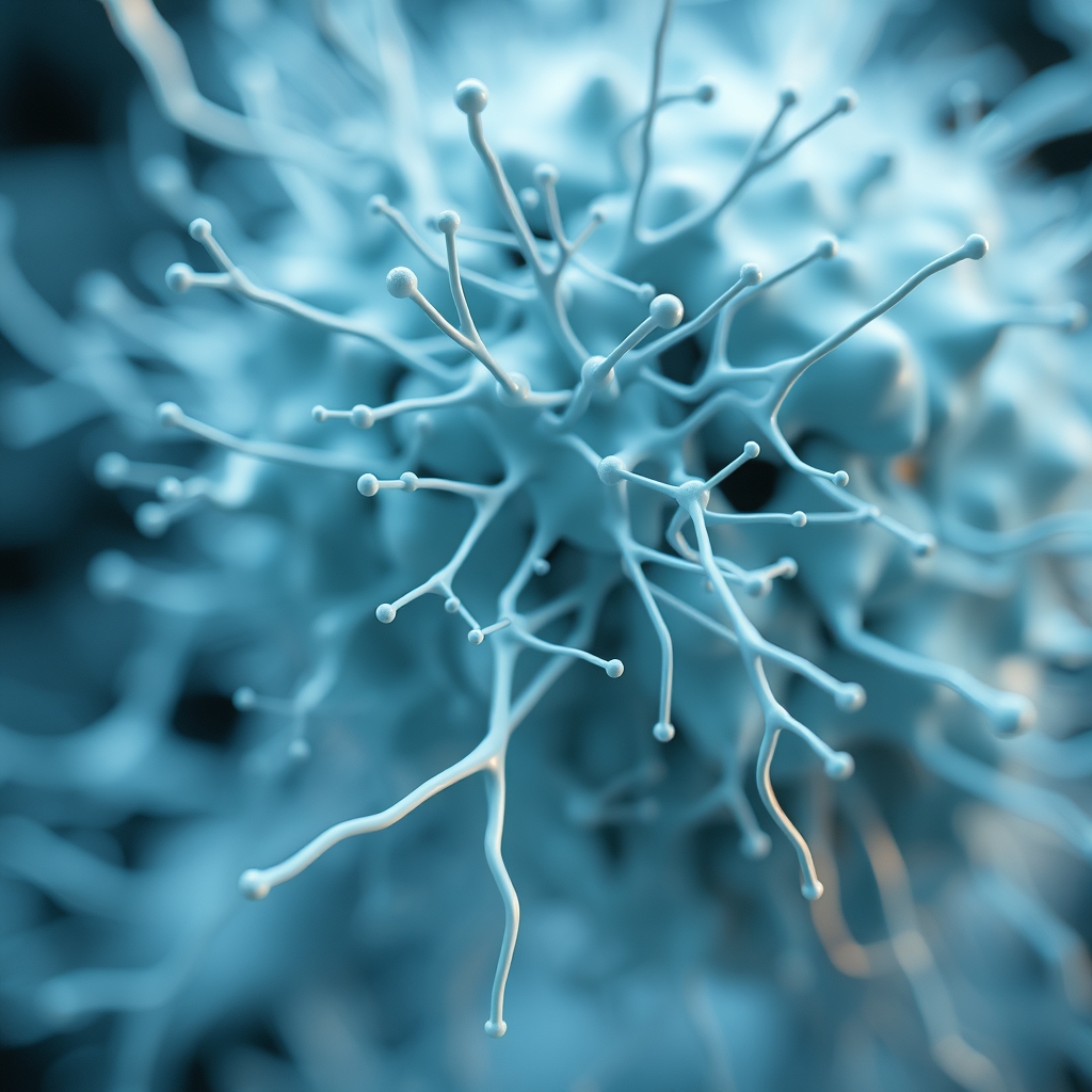 Una representación 3D abstracta de una red neuronal o estructura molecular de color azul claro con múltiples nodos y conexiones.