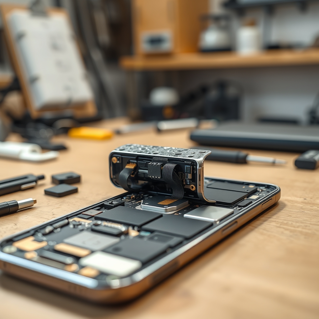 Un smartphone parcialmente desmontado sobre una mesa de trabajo, mostrando sus componentes internos y el mecanismo de la bisagra expuesto.