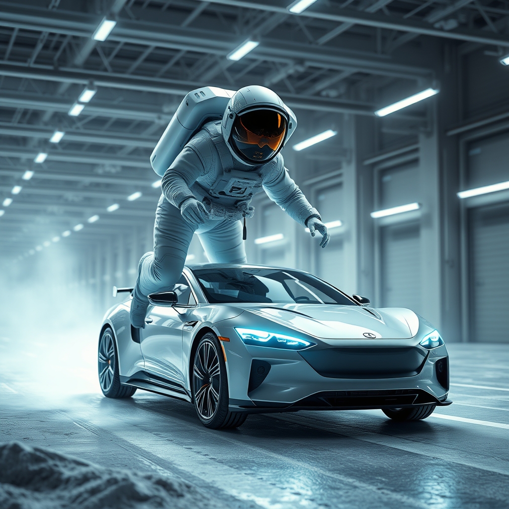Una ilustración generada por IA que muestra a un astronauta en traje espacial sobre el capó de un coche deportivo plateado en un entorno de fábrica o garaje futurista.