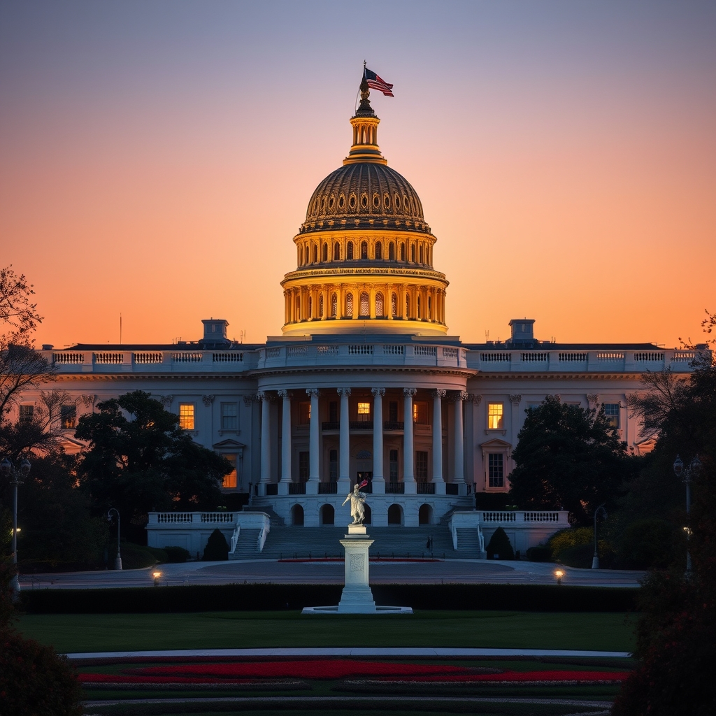 Una vista frontal del Capitolio de los Estados Unidos durante el atardecer.
