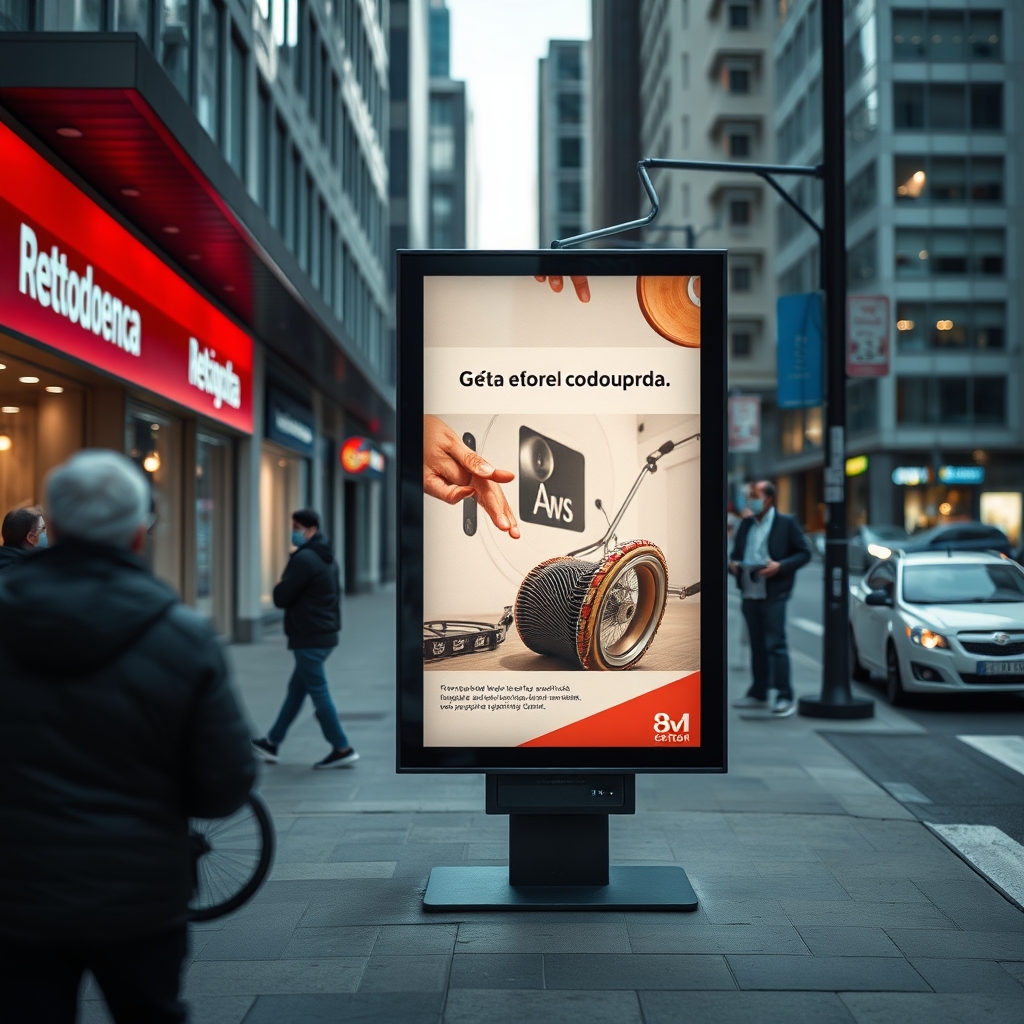 Un cartel publicitario digital en una acera urbana muestra una imagen abstracta con texto, rodeado de transeúntes y tráfico.